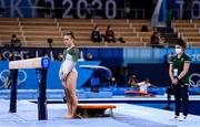 25 July 2021; Megan Ryan of Ireland with Team Ireland gymnastics coach Emma Hamill during women's artistic gymnastics all-round qualification at the Ariake Gymnastics Centre during the 2020 Tokyo Summer Olympic Games in Tokyo, Japan. Photo by Brendan Moran/Sportsfile