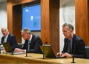 25 July 2021; FAI Chief Executive Officer Jonathan Hill, right, alongside Chairperson Roy Barrett and FAI President Gerry McAnaney during an FAI AGM at FAI HQ in Abbotstown, Dublin. Photo by David Fitzgerald/Sportsfile
