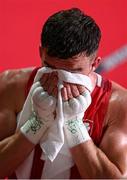 25 July 2021; Emmet Brennan of Ireland following his defeat to Dilshod Ruzmetov of Uzbekistan in the Men's Light Heavyweight Round of 32 at the Kokugikan Arena during the 2020 Tokyo Summer Olympic Games in Tokyo, Japan. Photo by Ramsey Cardy/Sportsfile