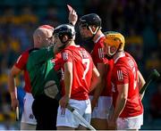 23 July 2021; Referee John Keenan shows a red card to Niall O'Leary of Cork, right, during the GAA Hurling All-Ireland Senior Championship Round 2 match between Clare and Cork at LIT Gaelic Grounds in Limerick. Photo by Piaras Ó Mídheach/Sportsfile