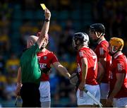 23 July 2021; Referee John Keenan shows a second yellow card to Niall O'Leary, right, before showing him a red card, during the GAA Hurling All-Ireland Senior Championship Round 2 match between Clare and Cork at LIT Gaelic Grounds in Limerick. Photo by Piaras Ó Mídheach/Sportsfile