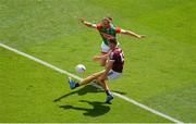 25 July 2021; Robert Finnerty of Galway in action against Padraig O'Hora of Mayo during the Connacht GAA Senior Football Championship Final match between Galway and Mayo at Croke Park in Dublin. Photo by Daire Brennan/Sportsfile
