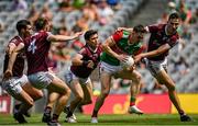 25 July 2021; Matthew Ruane of Mayo is fouled by Matthew Tierney and Finnian Ó Laoí of Galway resulting in a penaltyduring the Connacht GAA Senior Football Championship Final match between Galway and Mayo at Croke Park in Dublin. Photo by Harry Murphy/Sportsfile