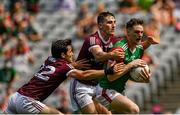 25 July 2021; Matthew Ruane of Mayo is fouled by Matthew Tierney and Finnian Ó Laoí of Galway resulting in a penaltyduring the Connacht GAA Senior Football Championship Final match between Galway and Mayo at Croke Park in Dublin. Photo by Harry Murphy/Sportsfile