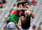 25 July 2021; Seán Mulkerrin of Galway in action against Matthew Ruane of Mayo during the Connacht GAA Senior Football Championship Final match between Galway and Mayo at Croke Park in Dublin. Photo by Harry Murphy/Sportsfile