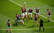 25 July 2021; Aidan O'Shea of Mayo contests a throw-in against Paul Conroy of Galway during the Connacht GAA Senior Football Championship Final match between Galway and Mayo at Croke Park in Dublin. Photo by Daire Brennan/Sportsfile
