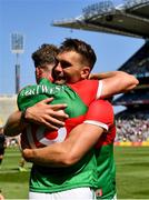 25 July 2021; Aidan O'Shea of Mayo, right, and Eoghan McLaughlin of Mayo embrace after the Connacht GAA Senior Football Championship Final match between Galway and Mayo at Croke Park in Dublin. Photo by Harry Murphy/Sportsfile