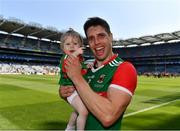 25 July 2021; Lee Keegan of Mayo celebrates with his daughter Líle, aged one, after the Connacht GAA Senior Football Championship Final match between Galway and Mayo at Croke Park in Dublin. Photo by Harry Murphy/Sportsfile