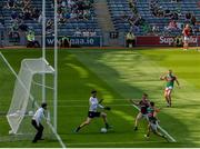 25 July 2021; Matthew Ruane of Mayo shoots to score his side's second goal past Galway goalkeeper Connor Gleeson during the Connacht GAA Senior Football Championship Final match between Galway and Mayo at Croke Park in Dublin. Photo by Harry Murphy/Sportsfile