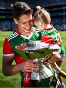 25 July 2021; Mayo corner back Lee Keegan and his daughter Líle, aged 14 months, celebrate with the Nestor Cup after the Connacht GAA Senior Football Championship Final match between Galway and Mayo at Croke Park in Dublin. Photo by Ray McManus/Sportsfile