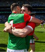 25 July 2021; Michael Plunkett, 4, and Paddy Durcan of Mayo celebrate after the Connacht GAA Senior Football Championship Final match between Galway and Mayo at Croke Park in Dublin. Photo by Ray McManus/Sportsfile