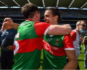 25 July 2021; Paddy Durcan, left, and Oisín Mullin of Mayo celebrate after the Connacht GAA Senior Football Championship Final match between Galway and Mayo at Croke Park in Dublin. Photo by Ray McManus/Sportsfile