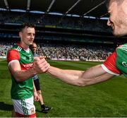 25 July 2021; Mayo's Diarmuid O'Connor is congratulated by his team mate Conor O'Shea after the Connacht GAA Senior Football Championship Final match between Galway and Mayo at Croke Park in Dublin. Photo by Ray McManus/Sportsfile