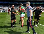 25 July 2021; The Mayo manager James Horan with referee Conor Lane after the Connacht GAA Senior Football Championship Final match between Galway and Mayo at Croke Park in Dublin. Photo by Ray McManus/Sportsfile