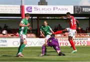 25 July 2021; Romeo Parkes of Sligo Rovers shoots to score his side's first goal during the FAI Cup First Round match between Sligo Rovers and Cork City at The Showgrounds in Sligo. Photo by Michael P Ryan/Sportsfile