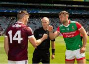 25 July 2021; The two captains, Aidan O'Shea and Shane Walsh of Galway, greet each other in front of referee Conor Lane before the Connacht GAA Senior Football Championship Final match between Galway and Mayo at Croke Park in Dublin. Photo by Ray McManus/Sportsfile