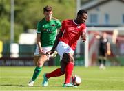 25 July 2021; Romeo Parkes of Sligo Rovers in action against Darragh Crowley of Cork City during the FAI Cup First Round match between Sligo Rovers and Cork City at The Showgrounds in Sligo. Photo by Michael P Ryan/Sportsfile