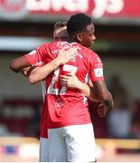 25 July 2021; Romeo Parkes of Sligo Rovers celebrates after scoring his side's first goal with team-mate David Cawley during the FAI Cup First Round match between Sligo Rovers and Cork City at The Showgrounds in Sligo. Photo by Michael P Ryan/Sportsfile