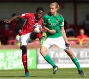 25 July 2021; Romeo Parkes of Sligo Rovers in action against Jonas Häkkinen of Cork City during the FAI Cup First Round match between Sligo Rovers and Cork City at The Showgrounds in Sligo. Photo by Michael P Ryan/Sportsfile