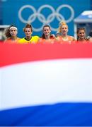 26 July 2021; Netherlands players sing their national anthem before the women's pool A group stage match between Ireland and Netherlands at the Oi Hockey Stadium during the 2020 Tokyo Summer Olympic Games in Tokyo, Japan. Photo by Stephen McCarthy/Sportsfile