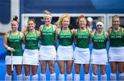26 July 2021; Ireland players sing their national anthem before the women's pool A group stage match between Ireland and Netherlands at the Oi Hockey Stadium during the 2020 Tokyo Summer Olympic Games in Tokyo, Japan. Photo by Stephen McCarthy/Sportsfile