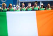 26 July 2021; Ireland players sing their national anthem behind the tricolour before the women's pool A group stage match between Ireland and Netherlands at the Oi Hockey Stadium during the 2020 Tokyo Summer Olympic Games in Tokyo, Japan. Photo by Stephen McCarthy/Sportsfile