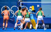 26 July 2021; Ireland goalkeeper Ayeisha McFerran makes a save during the women's pool A group stage match between Ireland and Netherlands at the Oi Hockey Stadium during the 2020 Tokyo Summer Olympic Games in Tokyo, Japan. Photo by Stephen McCarthy/Sportsfile