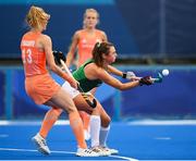 26 July 2021; Deirdre Duke of Ireland in action against Caia Jacqueline van Maasakker of Netherlands during the women's pool A group stage match between Ireland and Netherlands at the Oi Hockey Stadium during the 2020 Tokyo Summer Olympic Games in Tokyo, Japan. Photo by Stephen McCarthy/Sportsfile