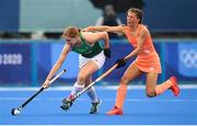 26 July 2021; Katie Mullan of Ireland in action against Maria Verschoor of Netherlands during the women's pool A group stage match between Ireland and Netherlands at the Oi Hockey Stadium during the 2020 Tokyo Summer Olympic Games in Tokyo, Japan. Photo by Stephen McCarthy/Sportsfile