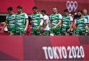 26 July 2021; Ireland players, from left, Greg O'Shea, Ian Fitzpatrick, Jordan Conroy, Adam Leavy, Foster Horan and Mark Roche leave the pitch after the rugby sevens men's pool C match between Ireland and South Africa at the Tokyo Stadium during the 2020 Tokyo Summer Olympic Games in Tokyo, Japan. Photo by Brendan Moran/Sportsfile