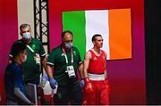 26 July 2021; Brendan Irvine of Ireland makes his way to the ring, alongside coach Zaur Antia, before his Men's Flyweight Round of 32 bout against Carlo Paalam of Philippines at the Kokugikan Arena during the 2020 Tokyo Summer Olympic Games in Tokyo, Japan. Photo by Ramsey Cardy/Sportsfile