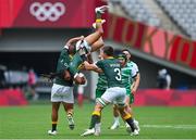 26 July 2021; Selvyn Davids of South Africa is upended as he catches a restart during the rugby sevens men's pool C match between Ireland and South Africa at the Tokyo Stadium during the 2020 Tokyo Summer Olympic Games in Tokyo, Japan. Photo by Brendan Moran/Sportsfile