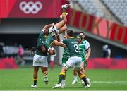 26 July 2021; Selvyn Davids of South Africa is upended as he catches a restart during the rugby sevens men's pool C match between Ireland and South Africa at the Tokyo Stadium during the 2020 Tokyo Summer Olympic Games in Tokyo, Japan. Photo by Brendan Moran/Sportsfile