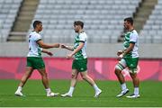 26 July 2021; Ireland players, from left, Jordan Conroy, Ian Fitzpatrick and Harry McNulty after the rugby sevens men's pool C match between Ireland and South Africa at the Tokyo Stadium during the 2020 Tokyo Summer Olympic Games in Tokyo, Japan. Photo by Brendan Moran/Sportsfile