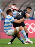26 July 2021; Ngarohi McGarvey-Black of New Zealand is tackled by Matias Osadczuk of Argentina during the rugby sevens men's pool A match between New Zealand and Argentina at the Tokyo Stadium during the 2020 Tokyo Summer Olympic Games in Tokyo, Japan. Photo by Stephen McCarthy/Sportsfile