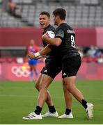 26 July 2021; William Warbrick of New Zealand celebrates scoring a try, with team-mate Andrew Knewstubb, right, during the rugby sevens men's ool A match between New Zealand and Argentina at the okyo Stadium during the 2020 Tokyo Summer Olympic Games in Tokyo, Japan. Photo by Stephen McCarthy/Sportsfile