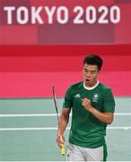 26 July 2021; Nhat Nyugen of Ireland celebrates a point during the men's singles group play stage match at the Musashino Forest Sport Plaza during the 2020 Tokyo Summer Olympic Games in Tokyo, Japan. Photo by Ramsey Cardy/Sportsfile