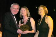 28 February 2004; Pat Moloney Lenihan, Cork, who was named on the Camogie team of the Century, with An Taoiseach, Bertie Ahern, TD, and Miriam O'Callaghan, Uachtaran, Cumann Camogaiochta na nGael, at the Cumann Camogaiochta na nGael centenary celebrations at the Citywest Hotel, Dublin. Picture credit; Ray McManus / SPORTSFILE *EDI*