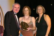 28 February 2004; Deirdre Hughes, Tipperary, who was named on the Camogie team of the Century, with An Taoiseach, Bertie Ahern, TD, and Miriam O'Callaghan, Uachtaran, Cumann Camogaiochta na nGael, at the Cumann Camogaiochta na nGael centenary celebrations at the Citywest Hotel, Dublin. Picture credit; Ray McManus / SPORTSFILE *EDI*