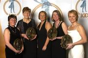 28 February 2004; Sandie Fitzgibbon, left, Marie Costine O'Donovan, 2nd from left, Pat Moloney Lenihan and Linda Mellerick, right, who were named on the Camogie team of the Century, with Miriam O'Callaghan, centre, Uachtaran, Cumann Camogaiochta na nGael, at the Cumann Camogaiocht na nGael centenary celebrations at the Citywest Hotel, Dublin. Picture credit; Brendan Moran / SPORTSFILE *EDI*