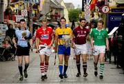 16 July 2013; Hurlers, from left to right, Niall Corcoran, Dublin, Lorcan McLoughlin, Cork, John Conlon, Clare, Fergal Moore, Galway, and Paul Browne, Limerick, in attendance at the GAA Hurling All-Ireland Senior Championship Launch, Quay Street, Galway. Picture credit: Ray McManus / SPORTSFILE