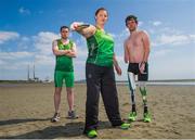 16 July 2013; Allianz Ireland announced the extension of its official sponsorship of Paralympics Ireland. In doing so, it became the first official sponsor to support the organisation towards Rio 2016 Paralympic Games. In addition, Paralympics Ireland announce their Irish squads competing at this summer's IPC Athletics and Swimming World Championships. At the announcement are Paralympic athletes, from left, Jason Smyth, from Eglinton, Co. Derry, Orla Barry, from Ladysbridge, Cork, and Darragh McDonald, from Gorey, Co. Wexford. Allianz and Paralympics Ireland renew partnership for Rio 2016, Sandymount Strand, Sandymount, Dublin. Picture credit: Brian Lawless / SPORTSFILE