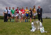 16 July 2013; Pictured are, from left to right, John Rafferty, Centra, Niall Corcoran, Dublin, Paul Browne, Limerick, Fergal Moore, Galway, Karen Maloney, Etihad, Lorcan McLoughlin, Cork, John Conlon, Clare, Judy Mullane, Liberty Insurance, Michael Fennelly, Kilkenny, and Uachtarán Chumann Lúthchleas Gael Liam Ó Néill in attendance at the official launch of the GAA 2013 GAA Hurling Championship All-Ireland Series. Loughgeorge GAA Training Centre, Galway. Picture credit: Ray McManus / SPORTSFILE