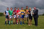 16 July 2013; Pictured are, from left to right, Niall Corcoran, Dublin, Paul Browne, Limerick, Fergal Moore, Galway, Lorcan McLoughlin, Cork, John Conlon, Clare, Michael Fennelly, Kilkenny, Judy Mullane, Liberty Insurance, and Uachtarán Chumann Lúthchleas Gael Liam Ó Néill in attendance at the official launch of the GAA 2013 GAA Hurling Championship All-Ireland Series. Loughgeorge GAA Training Centre, Galway. Picture credit: Ray McManus / SPORTSFILE