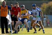 18 July 2013; Jamie Shanahan, Clare, in action against Colm Curran and Colin Dunford, right, Waterford. Bord Gáis Energy Munster GAA Hurling Under 21 Championship Semi-Final, Clare v Waterford, Walsh Park, Waterford. Picture credit: Brian Lawless / SPORTSFILE