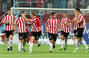 18 July 2013; Derry City's David McDaid, second from left, celebrates with team-mates after scoring his side's first goal. UEFA Europa League Second Qualifying Round, 1st leg, Trabzonspor v Derry City, Huseyin Avni Aker Stadium, Trabzon, Turkey. Picture credit: SPORTSFILE