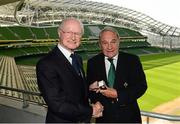 19 July 2013; Outgoing IRFU president Billy Glynn, left, hands over the badge of office to the incoming president of the IRFU Pat Fitzgerald after the Irish Rugby Football Union Annual Council Meeting. Aviva Stadium, Lansdowne Road, Dublin. Photo by Sportsfile