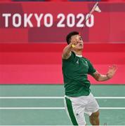 26 July 2021; Nhat Nyugen of Ireland in action against Niluka Karunaratne of Sri Lanka during the men's singles group play stage match at the Musashino Forest Sport Plaza during the 2020 Tokyo Summer Olympic Games in Tokyo, Japan. Photo by Ramsey Cardy/Sportsfile