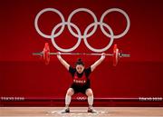 26 July 2021; Eunji Ham of Korea on her second attempt of lifting 85kg during the women's 55kg group A weightlifting final at the Tokyo Internarional Forum during the 2020 Tokyo Summer Olympic Games in Tokyo, Japan. Photo by Brendan Moran/Sportsfile