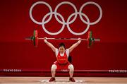 26 July 2021; Qiuyun Liao of China on her first attempt of lifting 92kg during the women's 55kg group A weightlifting final at the Tokyo Internarional Forum during the 2020 Tokyo Summer Olympic Games in Tokyo, Japan. Photo by Brendan Moran/Sportsfile